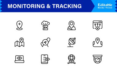 İzleme ve İzleme Çözüm simgesi koleksiyonu. Düzenlenebilir, Piksel Mükemmel Tasarımlı Eşsiz ve Minimum Satır Simgesi Paketi