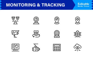İzleme ve İzleme Çözüm simgesi koleksiyonu. Düzenlenebilir, Piksel Mükemmel Tasarımlı Eşsiz ve Minimum Satır Simgesi Paketi