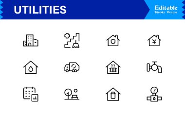 Premium Projeler için Temel Konut, Enerji ve Bakım Sembolleri Özelliklerini Özetleyen, Profesyonel Minimum Tasarım, Eşsiz Vektör Tasarımlı Modern Kamu Hizmetleri Çizgisi Simgesi Paketi