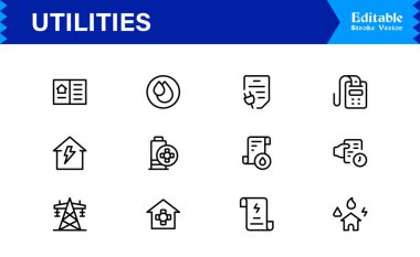 Premium Projeler için Temel Konut, Enerji ve Bakım Sembolleri Özelliklerini Özetleyen, Profesyonel Minimum Tasarım, Eşsiz Vektör Tasarımlı Modern Kamu Hizmetleri Çizgisi Simgesi Paketi