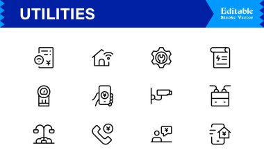 Premium Projeler için Temel Konut, Enerji ve Bakım Sembolleri Özelliklerini Özetleyen, Profesyonel Minimum Tasarım, Eşsiz Vektör Tasarımlı Modern Kamu Hizmetleri Çizgisi Simgesi Paketi