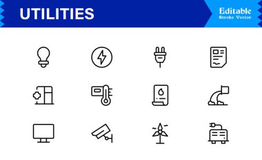 Premium Projeler için Temel Konut, Enerji ve Bakım Sembolleri Özelliklerini Özetleyen, Profesyonel Minimum Tasarım, Eşsiz Vektör Tasarımlı Modern Kamu Hizmetleri Çizgisi Simgesi Paketi