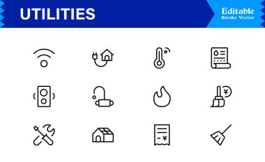 Premium Projeler için Temel Konut, Enerji ve Bakım Sembolleri Özelliklerini Özetleyen, Profesyonel Minimum Tasarım, Eşsiz Vektör Tasarımlı Modern Kamu Hizmetleri Çizgisi Simgesi Paketi