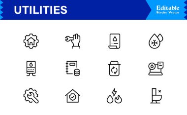 Premium Projeler için Temel Konut, Enerji ve Bakım Sembolleri Özelliklerini Özetleyen, Profesyonel Minimum Tasarım, Eşsiz Vektör Tasarımlı Modern Kamu Hizmetleri Çizgisi Simgesi Paketi
