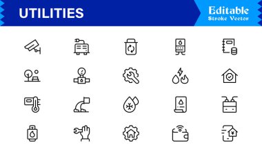 Premium Projeler için Temel Konut, Enerji ve Bakım Sembolleri Özelliklerini Özetleyen, Profesyonel Minimum Tasarım, Eşsiz Vektör Tasarımlı Modern Kamu Hizmetleri Çizgisi Simgesi Paketi