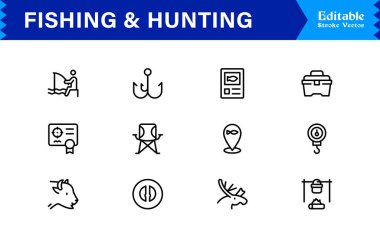 Balıkçılık ve Avcılık çizgisi simgesi seti düzenlenebilir, piksel olarak mükemmel semboller içeriyor. Açık hava macera temaları için tasarlanmış profesyonel, modern, minimal tasarımları içerir.