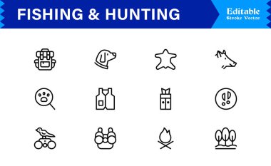 Balıkçılık ve Avcılık çizgisi simgesi seti düzenlenebilir, piksel olarak mükemmel semboller içeriyor. Açık hava macera temaları için tasarlanmış profesyonel, modern, minimal tasarımları içerir.