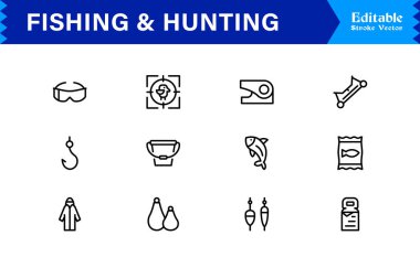 Balıkçılık ve Avcılık çizgisi simgesi seti düzenlenebilir, piksel olarak mükemmel semboller içeriyor. Açık hava macera temaları için tasarlanmış profesyonel, modern, minimal tasarımları içerir.