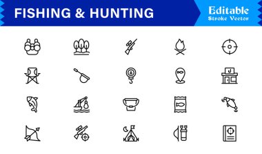 Balıkçılık ve Avcılık çizgisi simgesi seti düzenlenebilir, piksel olarak mükemmel semboller içeriyor. Açık hava macera temaları için tasarlanmış profesyonel, modern, minimal tasarımları içerir.