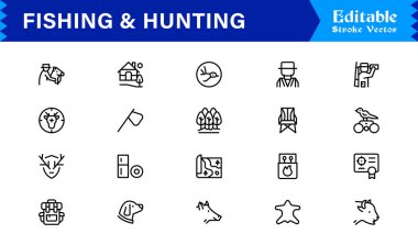 Balıkçılık ve Avcılık çizgisi simgesi seti düzenlenebilir, piksel olarak mükemmel semboller içeriyor. Açık hava macera temaları için tasarlanmış profesyonel, modern, minimal tasarımları içerir.