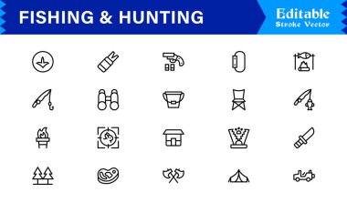 Balıkçılık ve Avcılık çizgisi simgesi seti düzenlenebilir, piksel olarak mükemmel semboller içeriyor. Açık hava macera temaları için tasarlanmış profesyonel, modern, minimal tasarımları içerir.