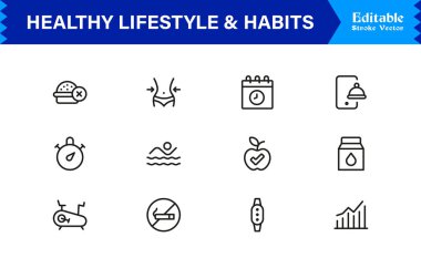 Sağlıklı Yaşam Tarzı ve Alışkanlıkları Modern Asgari Satır Simgesi Toplama Sağlık, Disiplin, Denge ve Günlük Pozitif Düzenlemelere Odaklanma