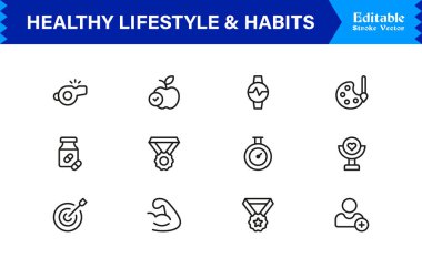 Sağlıklı Yaşam Tarzı ve Alışkanlıkları Modern Asgari Satır Simgesi Toplama Sağlık, Disiplin, Denge ve Günlük Pozitif Düzenlemelere Odaklanma