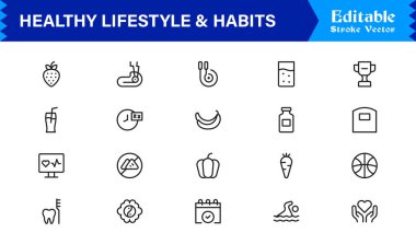 Sağlıklı Yaşam Tarzı ve Alışkanlıkları Modern Asgari Satır Simgesi Toplama Sağlık, Disiplin, Denge ve Günlük Pozitif Düzenlemelere Odaklanma