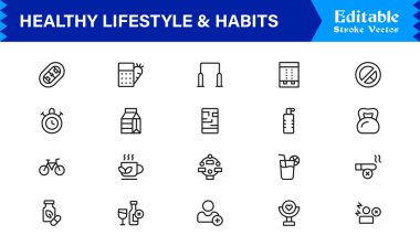 Sağlıklı Yaşam Tarzı ve Alışkanlıkları Modern Asgari Satır Simgesi Toplama Sağlık, Disiplin, Denge ve Günlük Pozitif Düzenlemelere Odaklanma