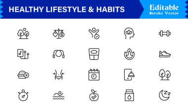 Sağlıklı Yaşam Tarzı ve Alışkanlıkları Modern Asgari Satır Simgesi Toplama Sağlık, Disiplin, Denge ve Günlük Pozitif Düzenlemelere Odaklanma