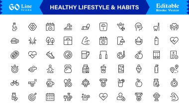 Sağlıklı Yaşam Tarzı ve Alışkanlıkları Modern Asgari Satır Simgesi Toplama Sağlık, Disiplin, Denge ve Günlük Pozitif Düzenlemelere Odaklanma