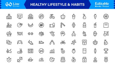 Sağlıklı Yaşam Tarzı ve Alışkanlıkları Modern Asgari Satır Simgesi Toplama Sağlık, Disiplin, Denge ve Günlük Pozitif Düzenlemelere Odaklanma