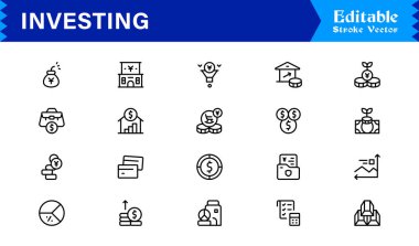 Benzersiz finansal semboller, borsa unsurları ve premium dijital projeler için temiz vektör biçimi içeren profesyonel, modern, minimal tasarımlı yatırım çizgisi simgesi seti