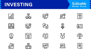 Benzersiz finansal semboller, borsa unsurları ve premium dijital projeler için temiz vektör biçimi içeren profesyonel, modern, minimal tasarımlı yatırım çizgisi simgesi seti