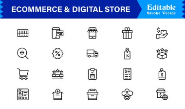 Etrade & Dijital Depolama Eğilimleri: Piksel Mükemmel Düzenlenebilir Vektörlerle Profesyonel Temiz Satır Simgesi Koleksiyonu