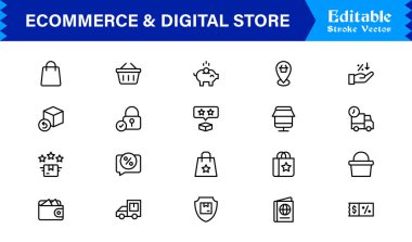 Etrade & Dijital Depolama Eğilimleri: Piksel Mükemmel Düzenlenebilir Vektörlerle Profesyonel Temiz Satır Simgesi Koleksiyonu