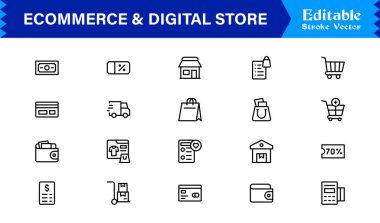 Etrade & Dijital Depolama Eğilimleri: Piksel Mükemmel Düzenlenebilir Vektörlerle Profesyonel Temiz Satır Simgesi Koleksiyonu