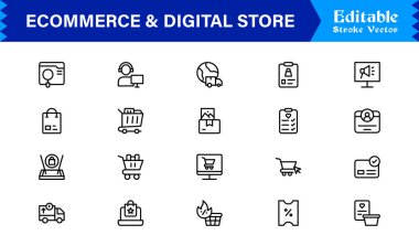 Etrade & Dijital Depolama Eğilimleri: Piksel Mükemmel Düzenlenebilir Vektörlerle Profesyonel Temiz Satır Simgesi Koleksiyonu