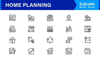 Düzenlenebilir, piksel olarak mükemmel ve temiz çizgi simgelerine sahip Ev Planlama simgesi seti. Mimarlık ve tasarım projeleri için ideal profesyonel, modern ve minimal görselleri içerir.