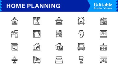 Düzenlenebilir, piksel olarak mükemmel ve temiz çizgi simgelerine sahip Ev Planlama simgesi seti. Mimarlık ve tasarım projeleri için ideal profesyonel, modern ve minimal görselleri içerir.