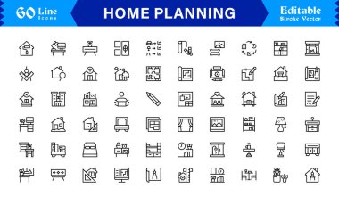 Düzenlenebilir, piksel olarak mükemmel ve temiz çizgi simgelerine sahip Ev Planlama simgesi seti. Mimarlık ve tasarım projeleri için ideal profesyonel, modern ve minimal görselleri içerir.
