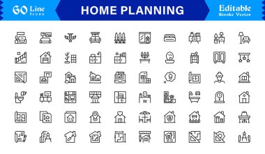 Düzenlenebilir, piksel olarak mükemmel ve temiz çizgi simgelerine sahip Ev Planlama simgesi seti. Mimarlık ve tasarım projeleri için ideal profesyonel, modern ve minimal görselleri içerir.