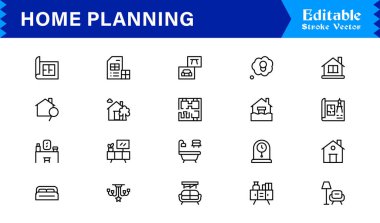 Düzenlenebilir, piksel olarak mükemmel ve temiz çizgi simgelerine sahip Ev Planlama simgesi seti. Mimarlık ve tasarım projeleri için ideal profesyonel, modern ve minimal görselleri içerir.