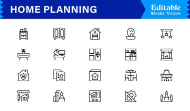 Düzenlenebilir, piksel olarak mükemmel ve temiz çizgi simgelerine sahip Ev Planlama simgesi seti. Mimarlık ve tasarım projeleri için ideal profesyonel, modern ve minimal görselleri içerir.