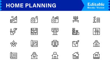Düzenlenebilir, piksel olarak mükemmel ve temiz çizgi simgelerine sahip Ev Planlama simgesi seti. Mimarlık ve tasarım projeleri için ideal profesyonel, modern ve minimal görselleri içerir.