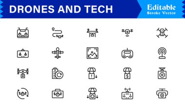 İnsansız hava araçları ve teknoloji çizgisi ikonu. Piksel olarak mükemmel düzenlenebilir simgeler. Teknoloji, yenilik ve hava teması için mükemmel, minimal stil..