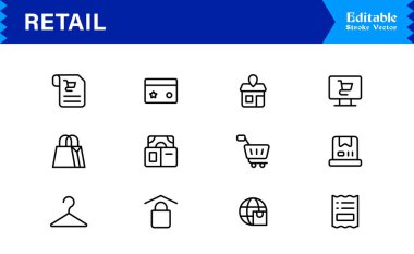 Profesyonel modern minimalist tasarıma sahip perakende sanayi çizgisi simgesi seti, iş, ticaret, alışveriş ve satış için eşsiz vektör ana hatları simgeleri koleksiyonu, premium kalite paket