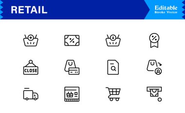 Profesyonel modern minimalist tasarıma sahip perakende sanayi çizgisi simgesi seti, iş, ticaret, alışveriş ve satış için eşsiz vektör ana hatları simgeleri koleksiyonu, premium kalite paket