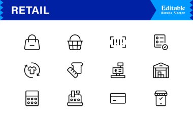 Profesyonel modern minimalist tasarıma sahip perakende sanayi çizgisi simgesi seti, iş, ticaret, alışveriş ve satış için eşsiz vektör ana hatları simgeleri koleksiyonu, premium kalite paket