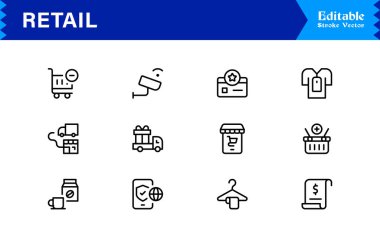 Profesyonel modern minimalist tasarıma sahip perakende sanayi çizgisi simgesi seti, iş, ticaret, alışveriş ve satış için eşsiz vektör ana hatları simgeleri koleksiyonu, premium kalite paket