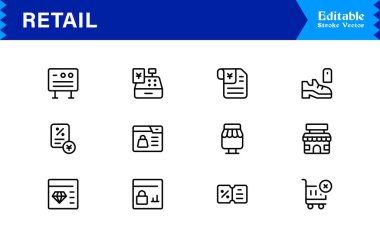 Profesyonel modern minimalist tasarıma sahip perakende sanayi çizgisi simgesi seti, iş, ticaret, alışveriş ve satış için eşsiz vektör ana hatları simgeleri koleksiyonu, premium kalite paket