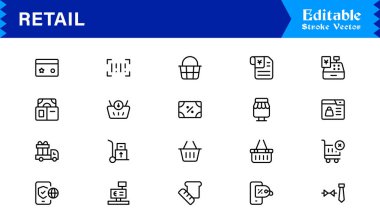 Profesyonel modern minimalist tasarıma sahip perakende sanayi çizgisi simgesi seti, iş, ticaret, alışveriş ve satış için eşsiz vektör ana hatları simgeleri koleksiyonu, premium kalite paket