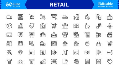 Profesyonel modern minimalist tasarıma sahip perakende sanayi çizgisi simgesi seti, iş, ticaret, alışveriş ve satış için eşsiz vektör ana hatları simgeleri koleksiyonu, premium kalite paket