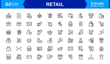 Profesyonel modern minimalist tasarıma sahip perakende sanayi çizgisi simgesi seti, iş, ticaret, alışveriş ve satış için eşsiz vektör ana hatları simgeleri koleksiyonu, premium kalite paket