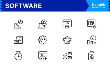 Kapsamlı Dijital Araçlar İçin Minimalist Profesyonel Biçimli Modern Yazılım Çizgisi Simge Koleksiyonu ve Eşsiz Vektör Elementleri