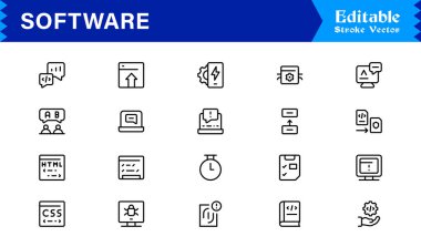 Kapsamlı Dijital Araçlar İçin Minimalist Profesyonel Biçimli Modern Yazılım Çizgisi Simge Koleksiyonu ve Eşsiz Vektör Elementleri