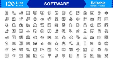 Kapsamlı Dijital Araçlar İçin Minimalist Profesyonel Biçimli Modern Yazılım Çizgisi Simge Koleksiyonu ve Eşsiz Vektör Elementleri