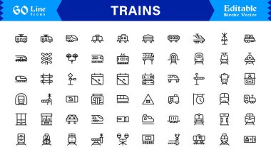 Asgari Lokomotif ve Demiryolu Elementleri, Profesyonel Ulaşım, Seyahat ve Altyapı Kalitesine sahip Eşsiz Vektör Tasarımı içeren Modern Tren Hattı Simgesi Koleksiyonu