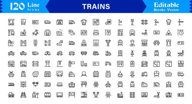Asgari Lokomotif ve Demiryolu Elementleri, Profesyonel Ulaşım, Seyahat ve Altyapı Kalitesine sahip Eşsiz Vektör Tasarımı içeren Modern Tren Hattı Simgesi Koleksiyonu