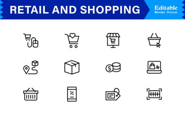 Perakende ve Alışveriş Hattı simgesi seti düzenlenebilir, piksel mükemmelliğinde profesyonel, modern ve minimal stile sahip simgeler içerir. Ticaret ve tüketici odaklı projeler için ideal.
